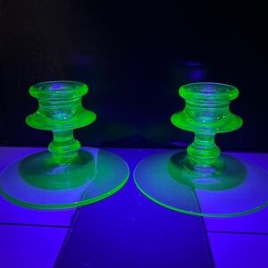 Vintage green depression glass uranium candlestick holders -pair